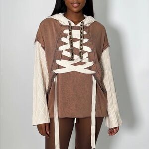 Brown and Cream Lace-Up Cable  Knit Hoodie Sweatshirt